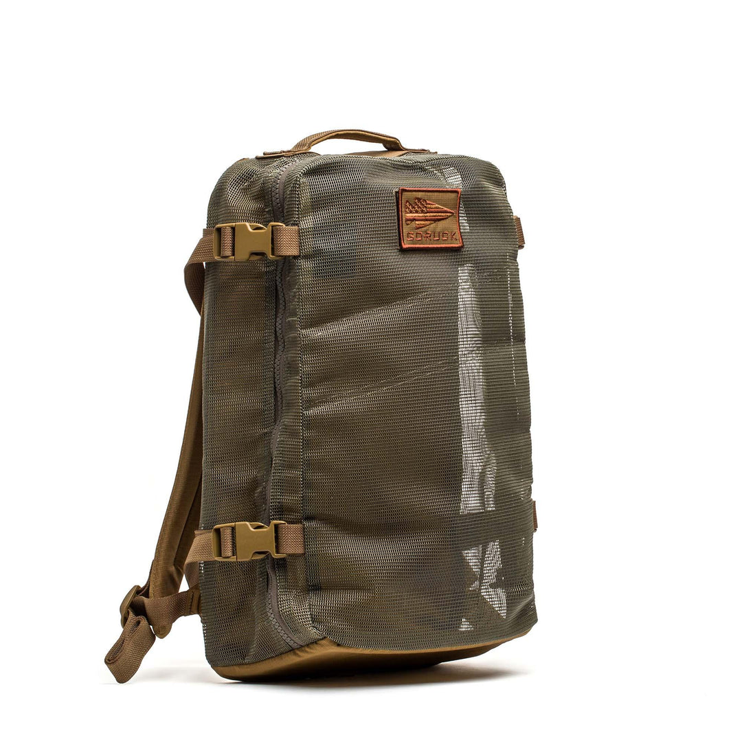 GORUCK sand ranger green mesh rucksack with top handle and tan buckles on white background
