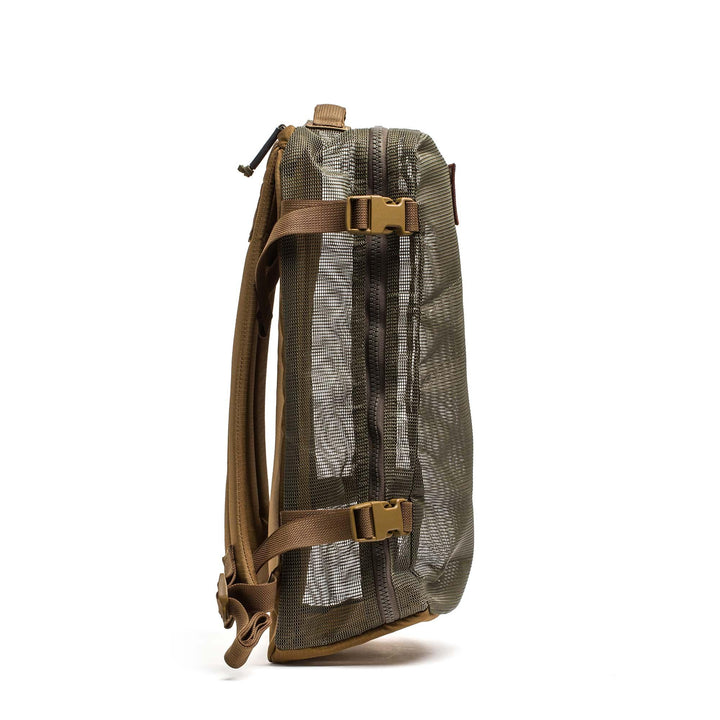 GORUCK mesh rucksack in sand and ranger green, side view, rugged outdoor gear