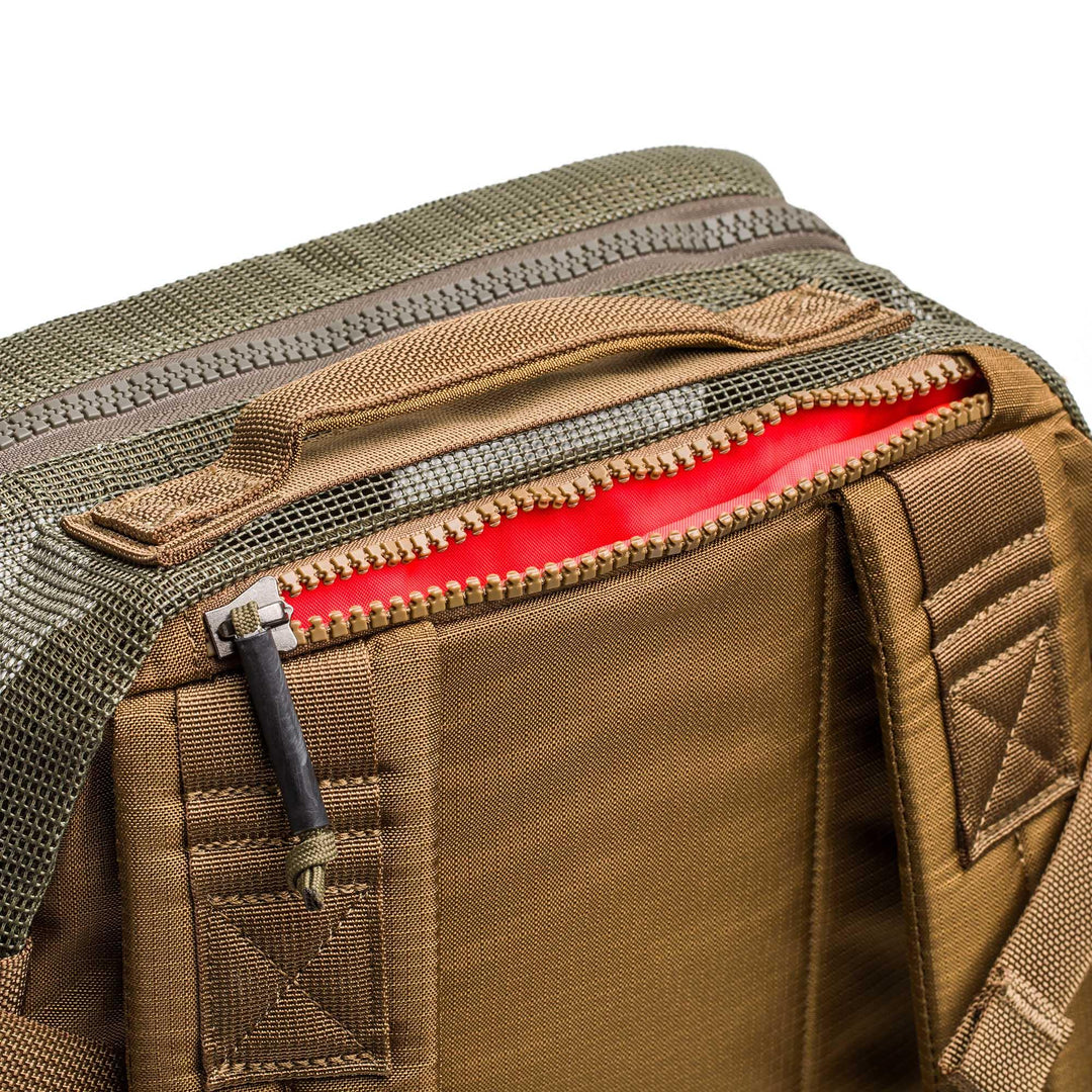 GORUCK sand Ranger Green mesh ruck backpack detail with visible zipper and handle
