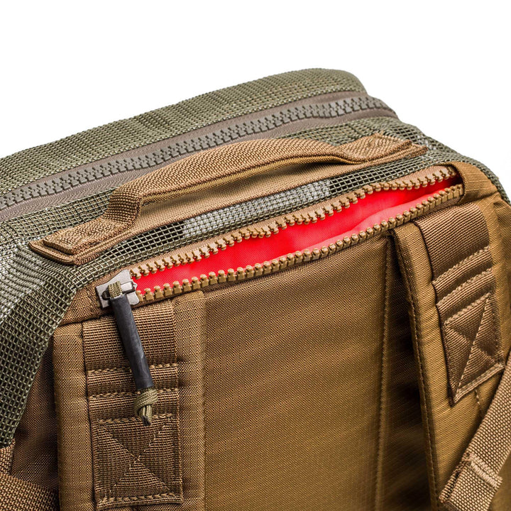 GORUCK sand Ranger Green mesh ruck backpack detail with visible zipper and handle