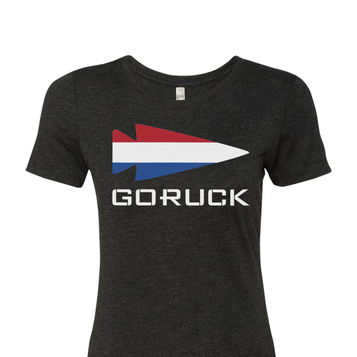 Embrace national pride with the Women's T-shirt - Rep Your Country by GORUCK EU. This classic tee, made from a premium tri-blend, showcases a bold red, white, and blue arrowhead design on a black background, with 