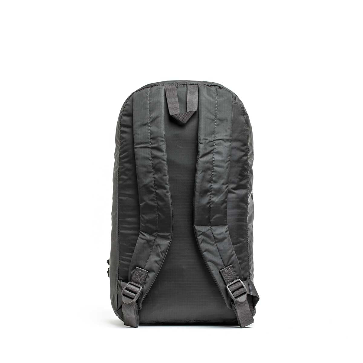 GORUCK Packable Bullet 15L backpack in armor grey with padded straps, back view