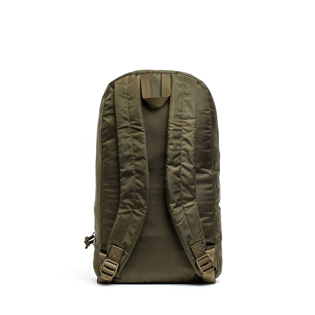 The Packable Bullet Ruck - Ripstop ROBIC® in olive green is shown from the back, featuring padded shoulder straps and a top handle. Crafted from durable, lightweight Ripstop ROBIC® nylon, it’s designed for easy carrying on the go.