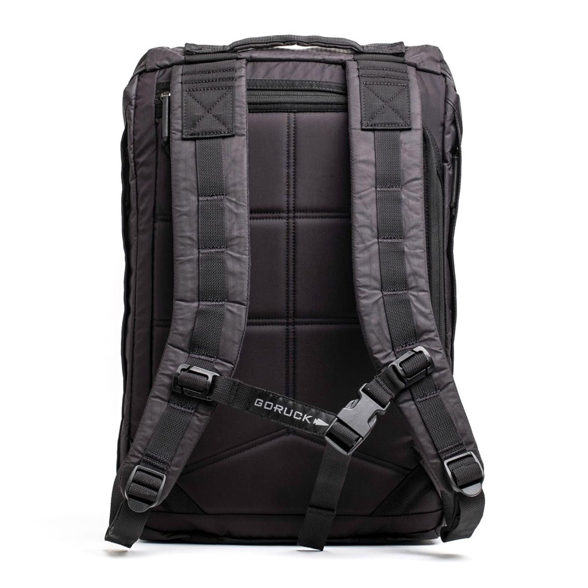 Black backpack shown from the back, with padded straps, a chest strap, and a sturdy handle at the top.