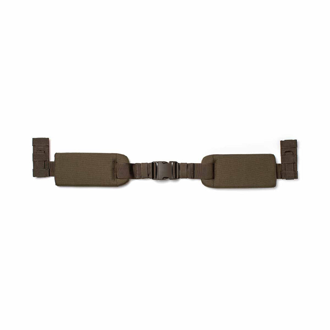 The Padded Hip Belt, brown in color, features MOLLE webbing, a plastic buckle, and adjustment clips on both ends. It is shown laid flat on a white background.