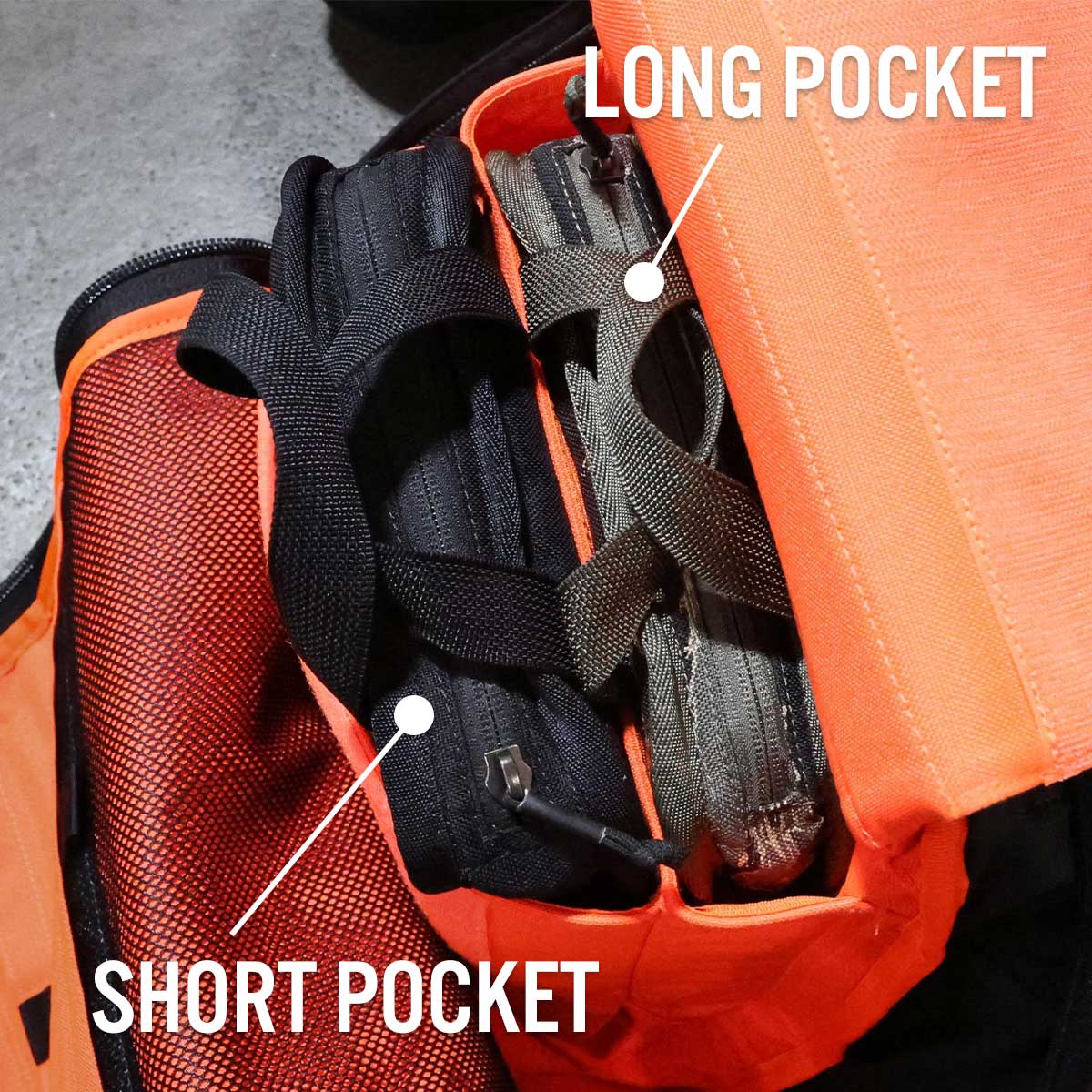 Open orange bag showing two pockets: one labeled 