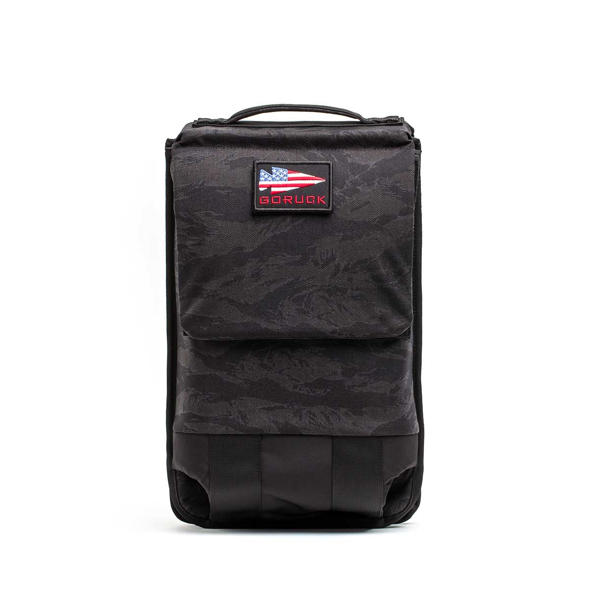 GORUCK black camo rucksack with American flag patch, durable tactical backpack