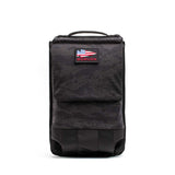 GORUCK black camo rucksack with American flag patch, durable tactical backpack