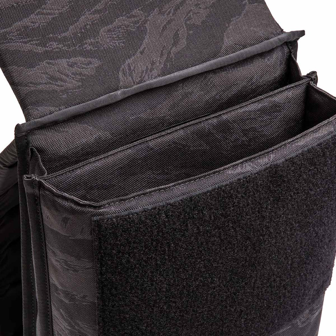 Close-up of a black GORUCK tactical pouch with Velcro closure and open compartment, perfect for attaching to the Ruck Plate Carrier 3.0 or storing small workout gear.