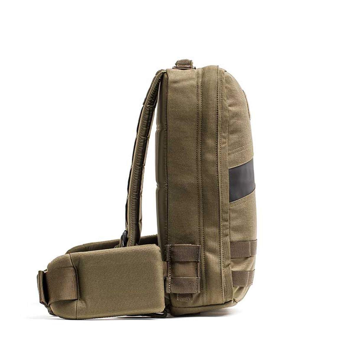 GORUCK Ranger Green rucksack side view with padded hip belt, durable tactical gear