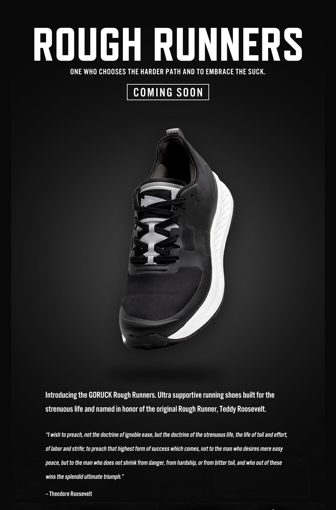 Black running shoe displayed on a dark background with “Rough Runners” and “Coming Soon” text above it.