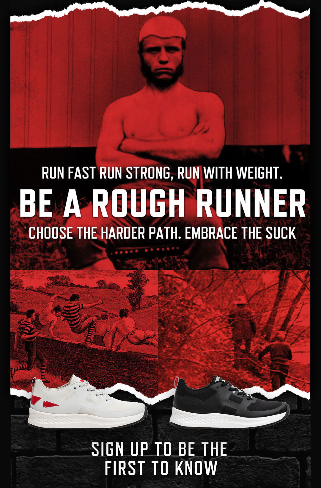 A gritty, red-toned poster with bold text, vintage runners, athletes training, and two pairs of sneakers at the bottom.