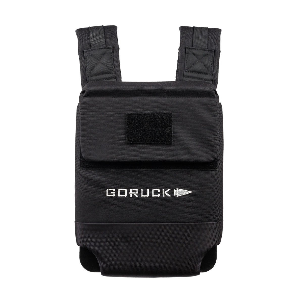 Black GORUCK weighted training vest with a front pocket and adjustable shoulder straps, shown on a white background.