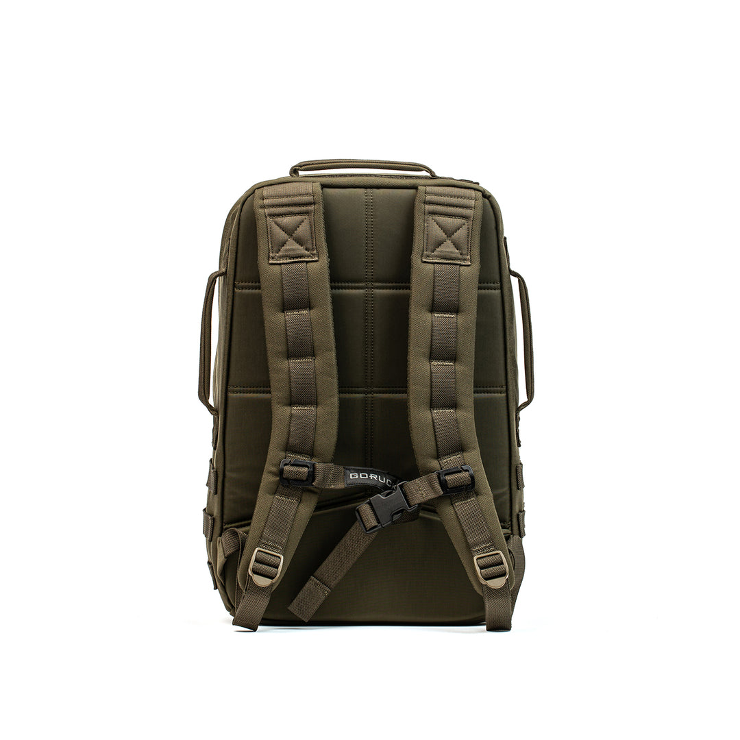 The GORUCK Rucker 4.0 in olive green is shown from the back, highlighting padded straps and a top carry handle—perfect for fitness training or outdoor adventures.