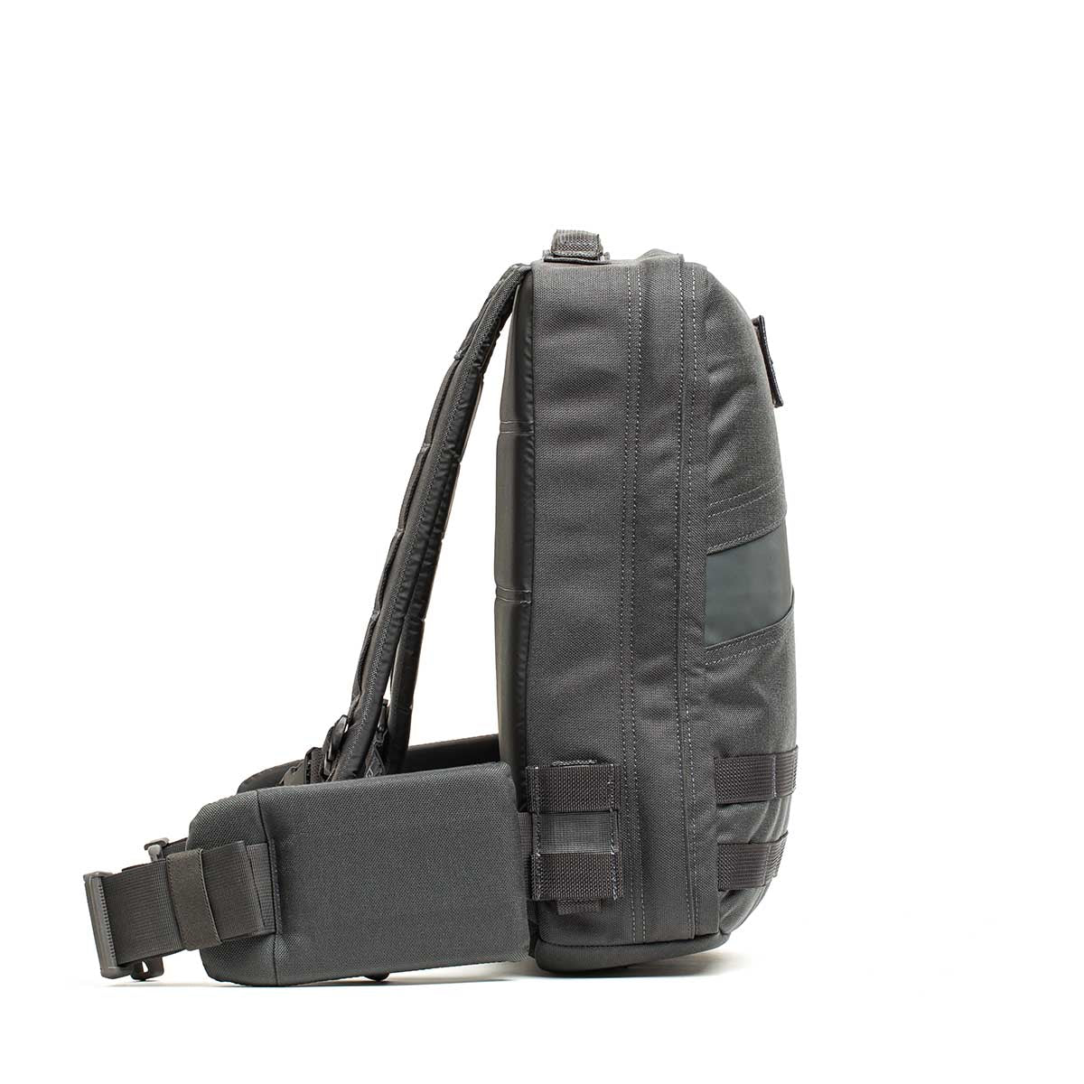 GORUCK Rucker 4.0 15L backpack in armor gray with orange accents, side view on white