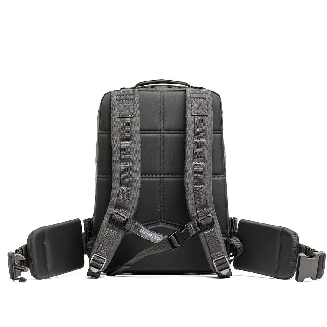 The GORUCK Rucker 4.0, shown from the back with padded straps and waist belt against a white background, is perfect for fitness training and rucking routines.