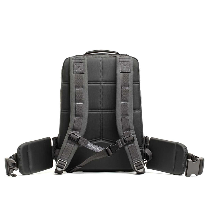 The GORUCK Rucker 4.0, shown from the back with padded straps and waist belt against a white background, is perfect for fitness training and rucking routines.