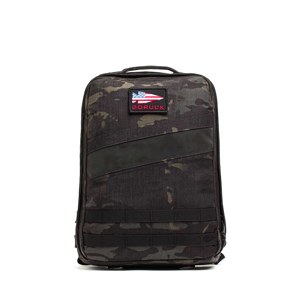 The Rucker 4.0 is a black camo rucksack featuring a handle and front patch with the American flag and 