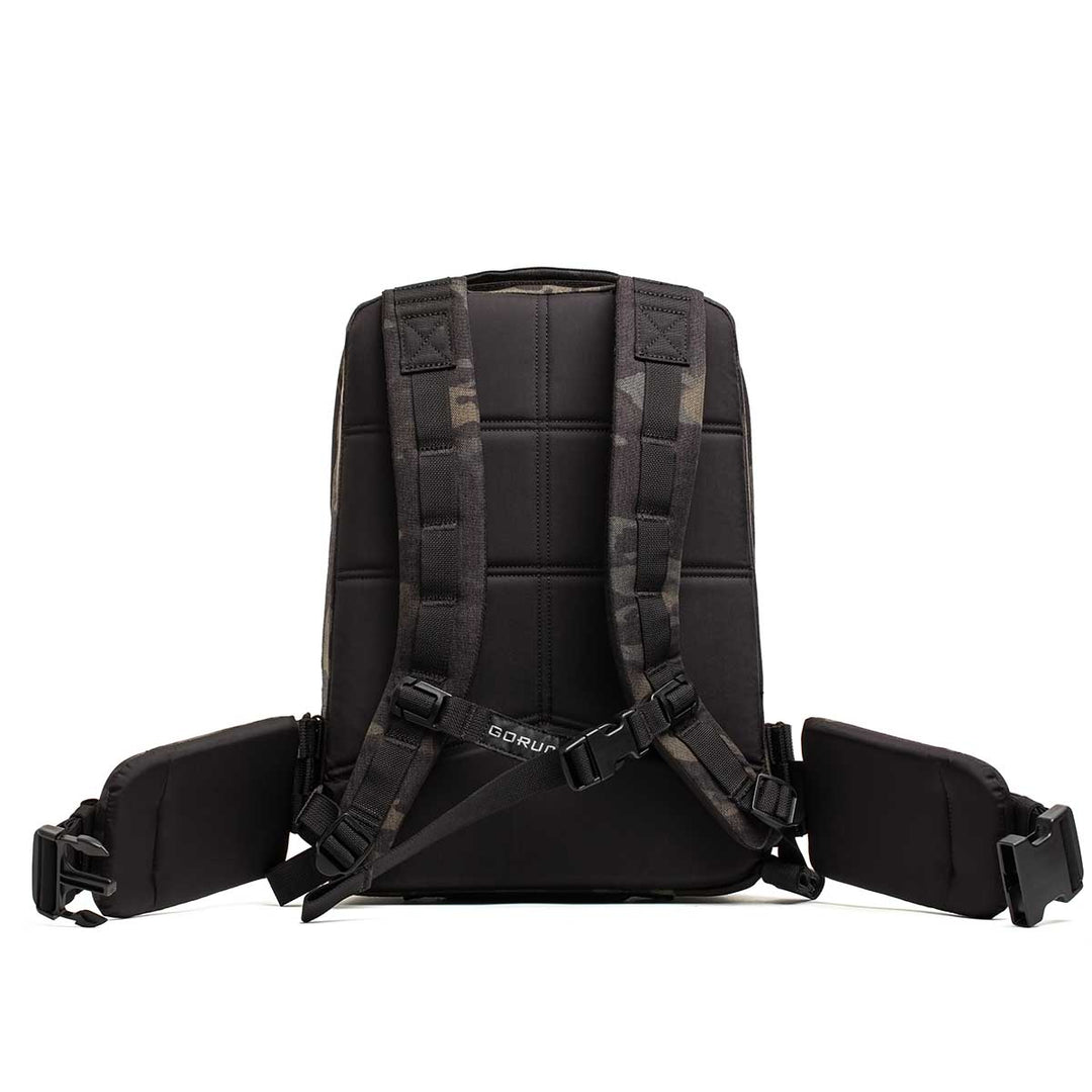 The GORUCK Rucker 4.0 backpack, shown from the back against a white background, features padded straps, a waist belt, and space for Ruck Plates—making it ideal for rucking.
