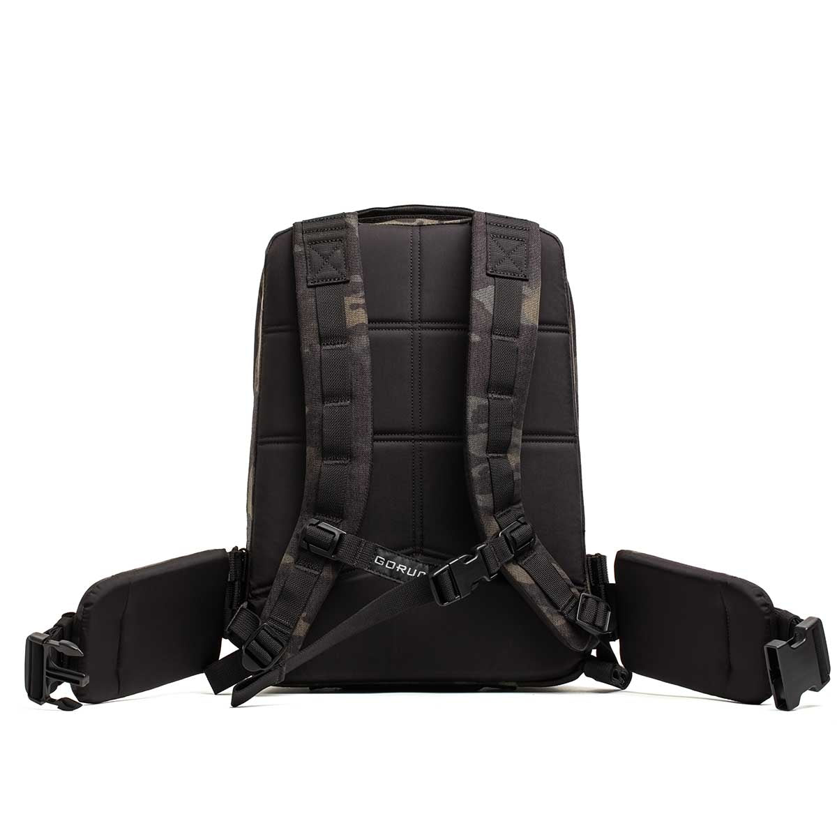 GORUCK Rucker 4.0 15L backpack in black Multicam with orange accents, padded straps, and hip belt