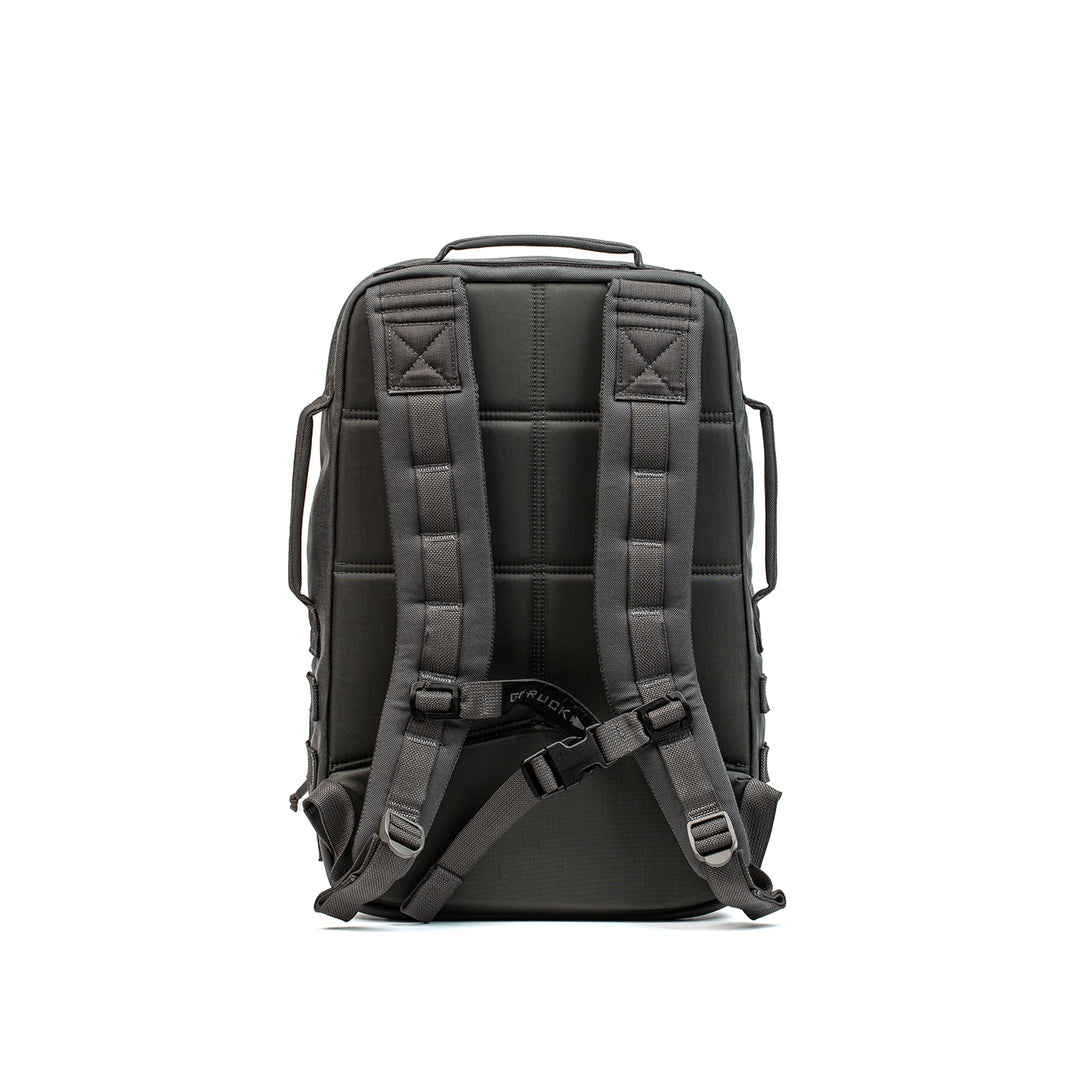 The GORUCK Rucker 4.0 backpack, shown from the back, features padded shoulder straps and sturdy carrying handles in black.