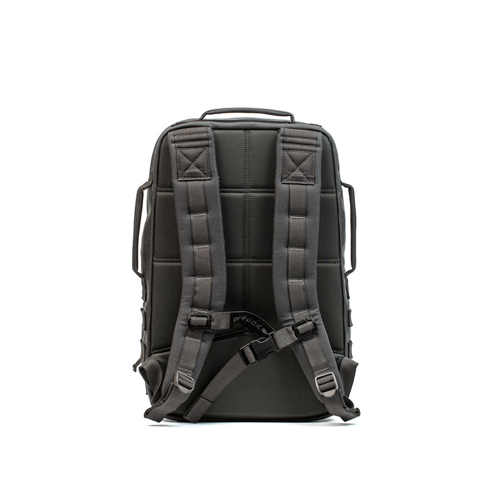 The GORUCK Rucker 4.0 backpack, shown from the back, features padded shoulder straps and sturdy carrying handles in black.
