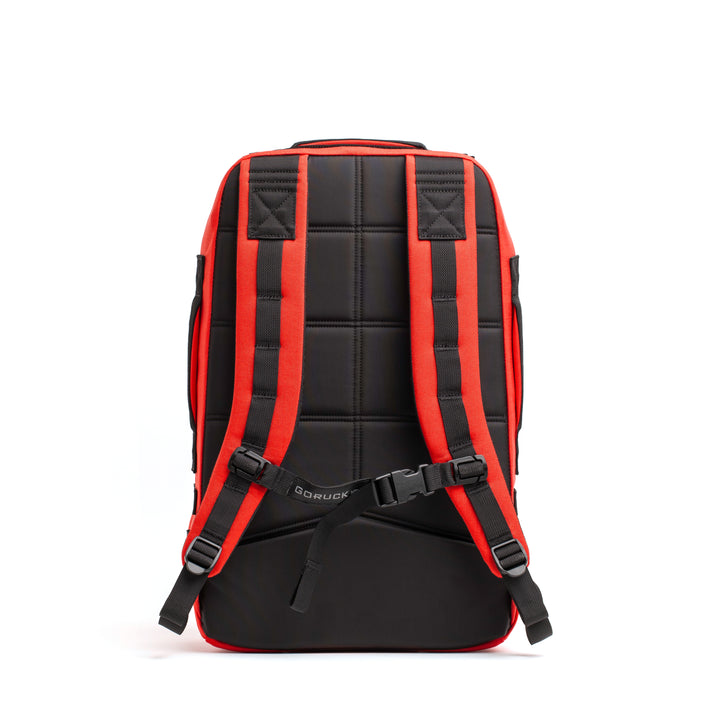 The GORUCK Rucker 4.0 is a black fitness training backpack with red trim, padded back, and adjustable shoulder straps—shown from the back—ideal as a weighted rucksack for workouts.
