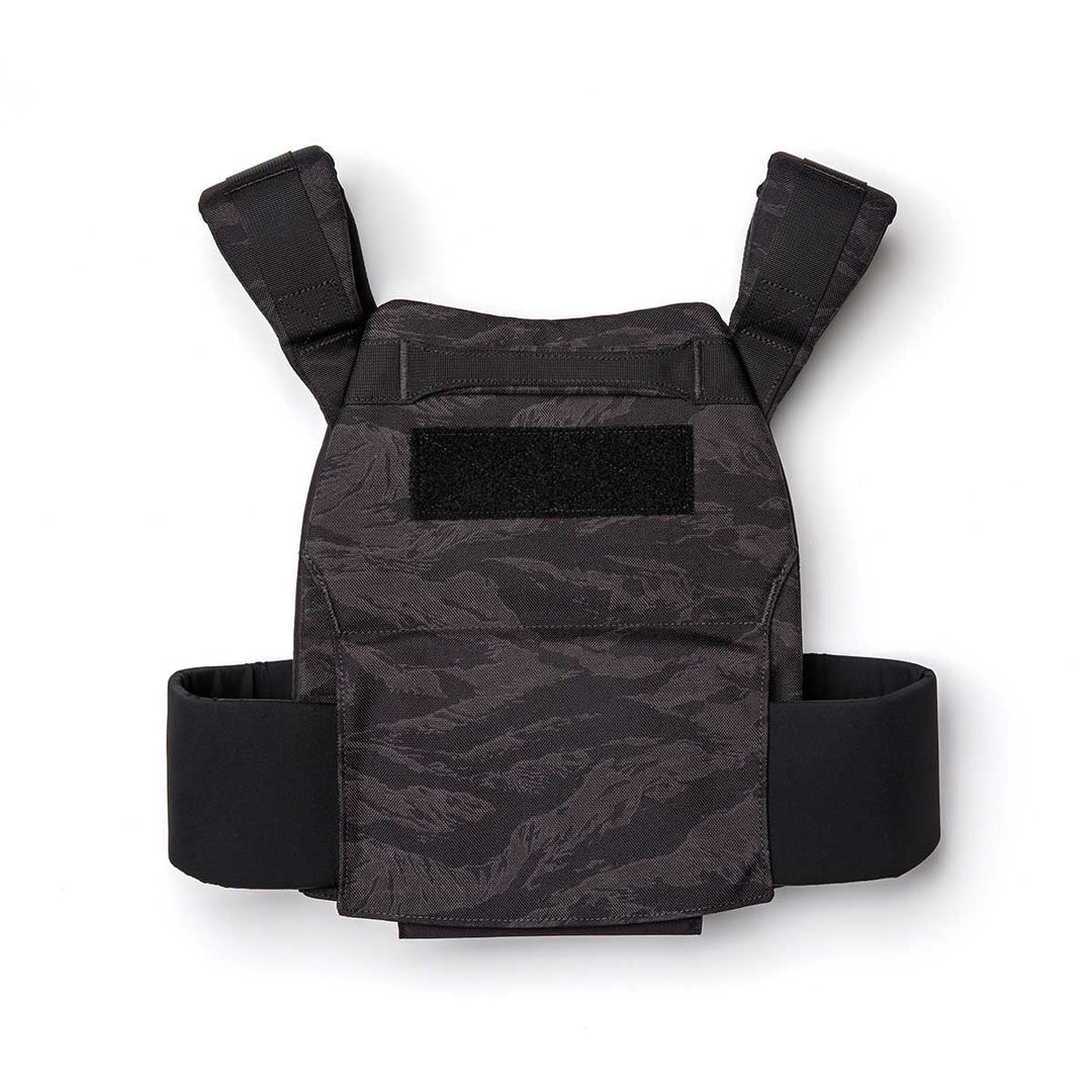 The Rucking Weight Vest features wide shoulder straps and a camouflage design, compatible with Curved Ruck Plates—ideal for rucking workouts. Shown against a white background.