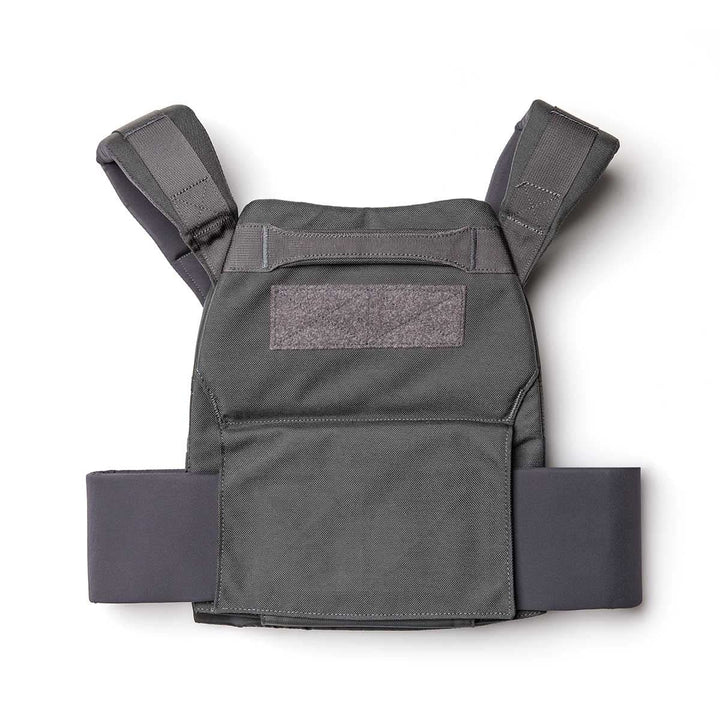 The Rucking Weight Vest features wide shoulder straps and side panels in gray, designed for use during rucking. Shown on a white background.