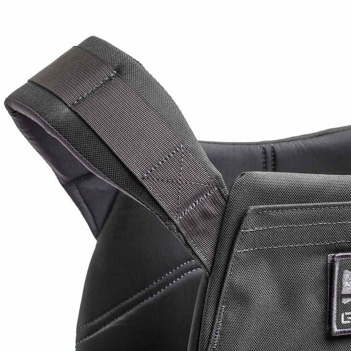 GORUCK grey rucking weight vest close-up with padded straps and durable stitching