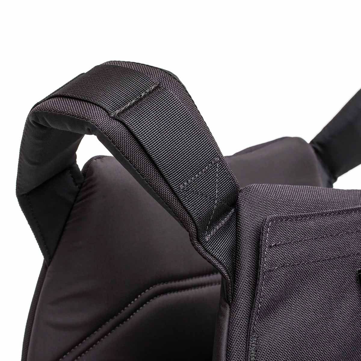 Close-up of black GORUCK rucking weight vest shoulder strap and durable stitching