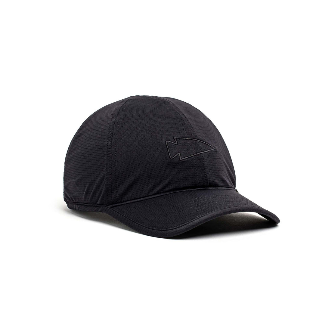 The GORUCK Performance Running Hat - ToughMesh is a black, lightweight cap with a minimalist arrowhead logo embroidered on the front, crafted for comfort and durability. Shown on a white background.
