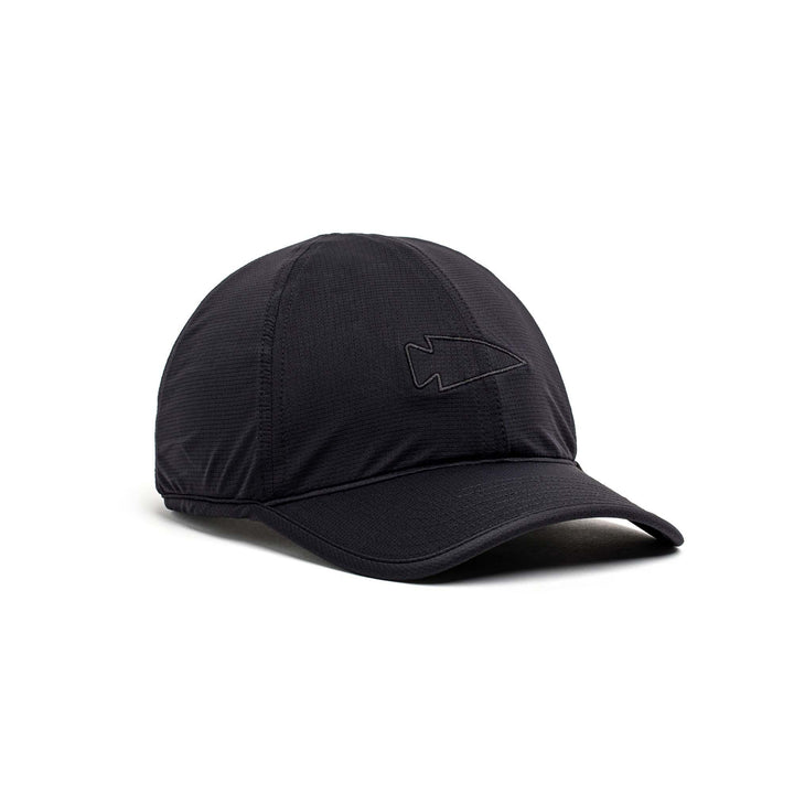 The GORUCK Performance Running Hat - ToughMesh is a black, lightweight cap with a minimalist arrowhead logo embroidered on the front, crafted for comfort and durability. Shown on a white background.