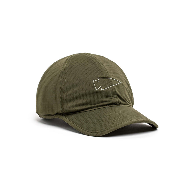 The GORUCK Performance Running Hat - ToughMesh is made from premium Italian fabric in olive green, featuring a minimalist white arrowhead outline on the front.