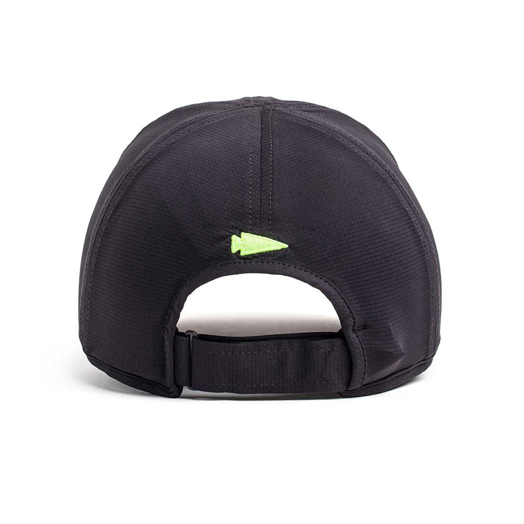 Back view of the GORUCK Performance Running Hat - ToughMesh in black, featuring a small green arrowhead symbol above the adjustable strap.