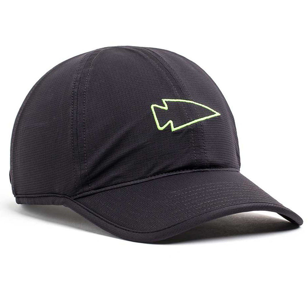 The GORUCK Performance Running Hat - ToughMesh features a black, featherweight design with a neon yellow arrowhead outline, crafted from premium fabric for lasting comfort and style.