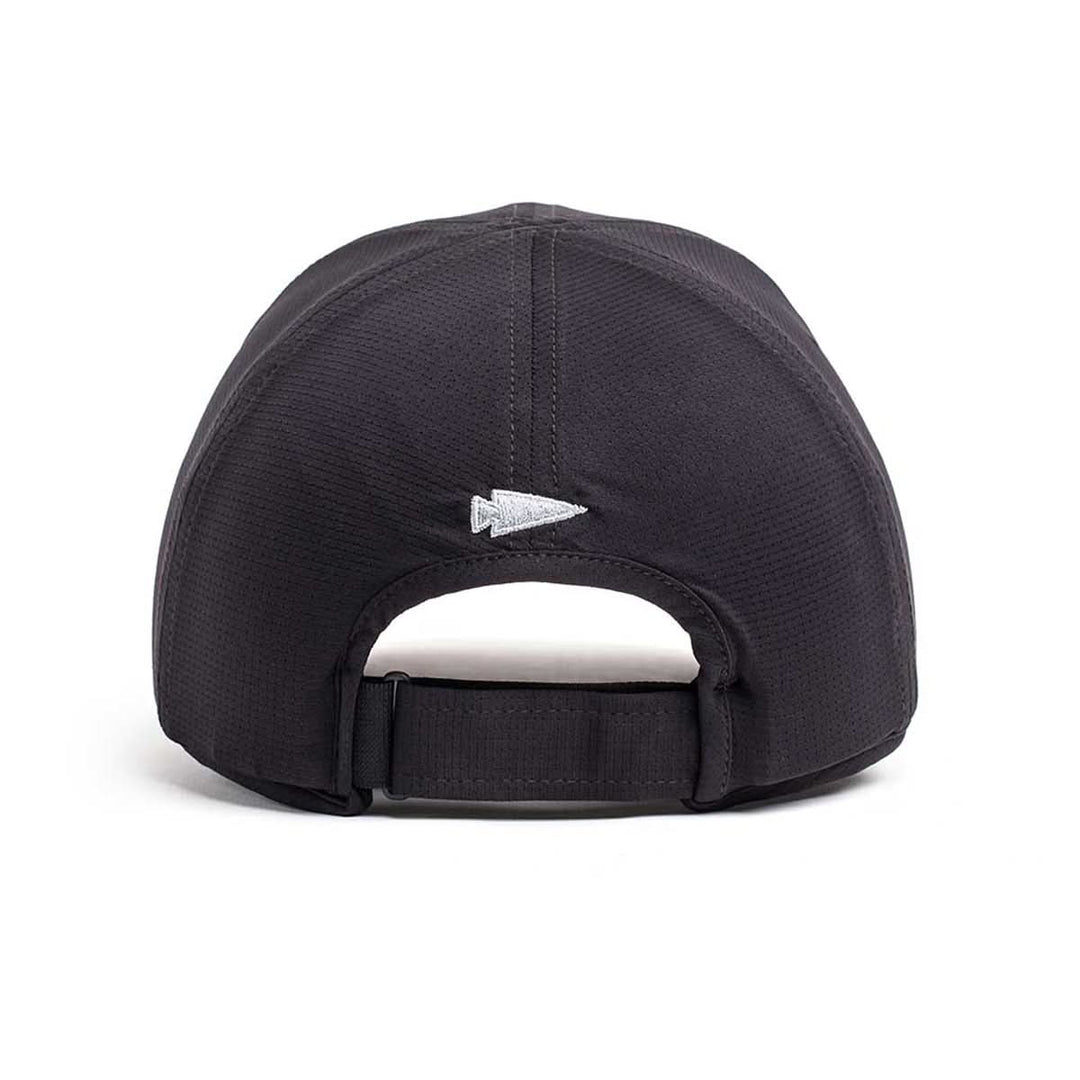 Back view of the GORUCK Performance Running Hat - ToughMesh in black, featuring a white embroidered arrowhead above the adjustable strap, made from premium fabric for long-lasting comfort.