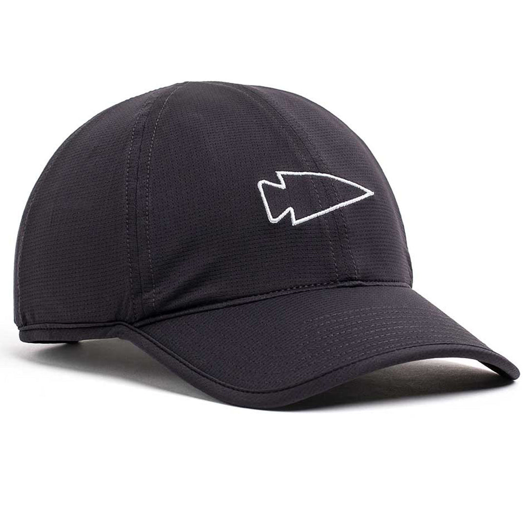 The GORUCK Performance Running Hat - ToughMesh features a black design with a white outlined arrowhead on the front, crafted from premium fabric for lasting comfort and style.