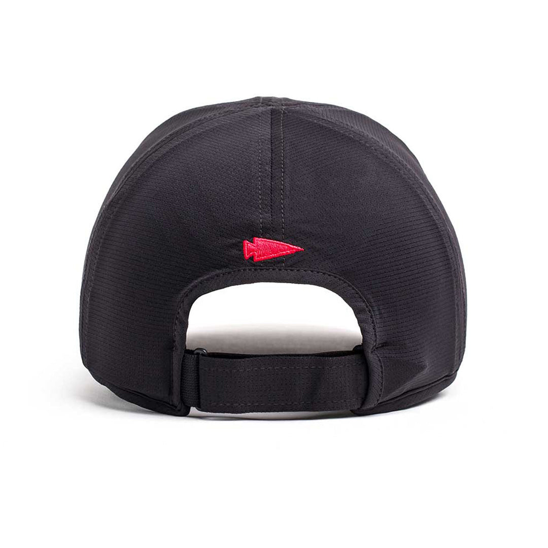 Back view of the GORUCK Performance Running Hat - ToughMesh in black, featuring a red arrowhead above the adjustable strap.