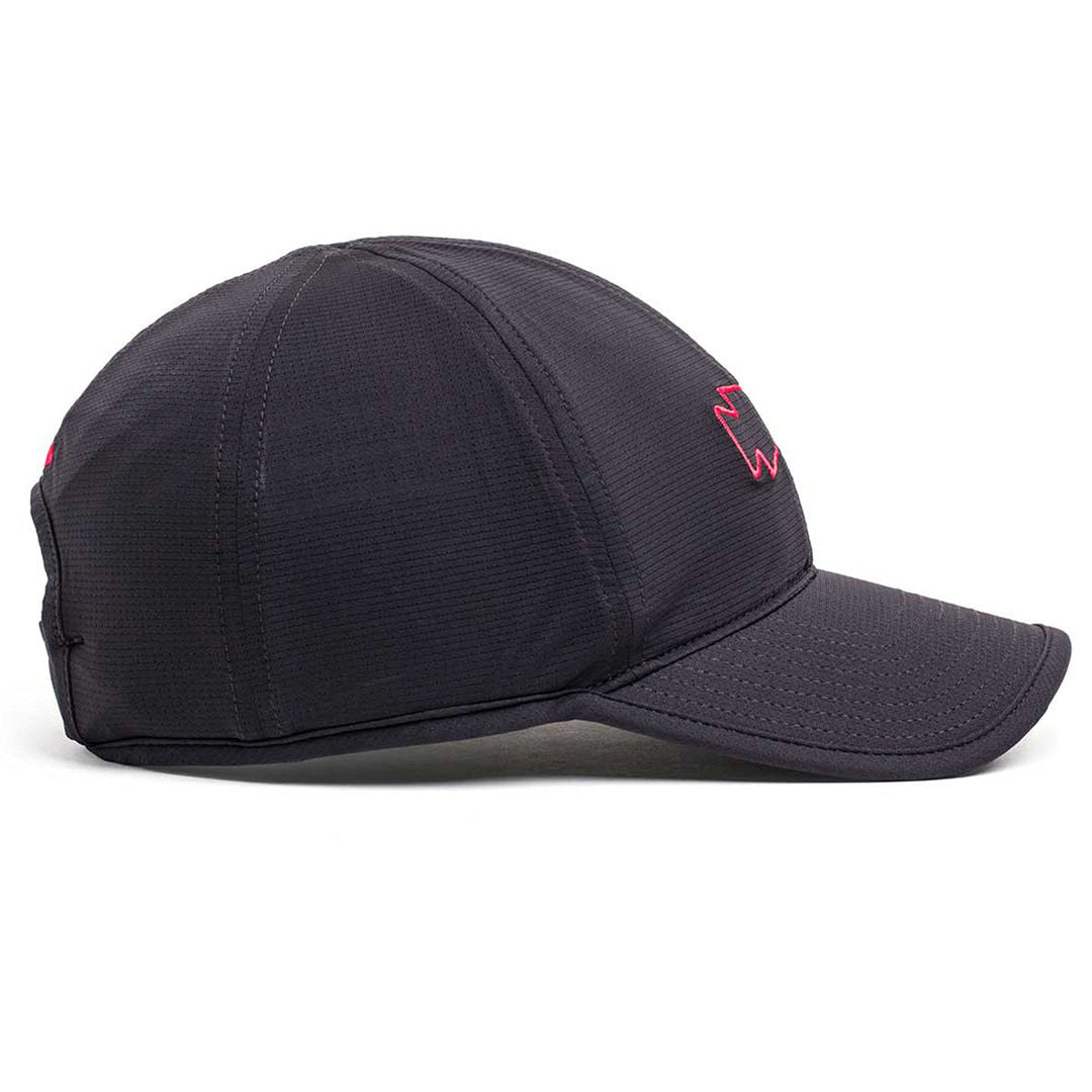 The GORUCK Performance Running Hat - ToughMesh is a black cap made from premium fabric, with a curved brim and a small red zigzag design on the front side panel.