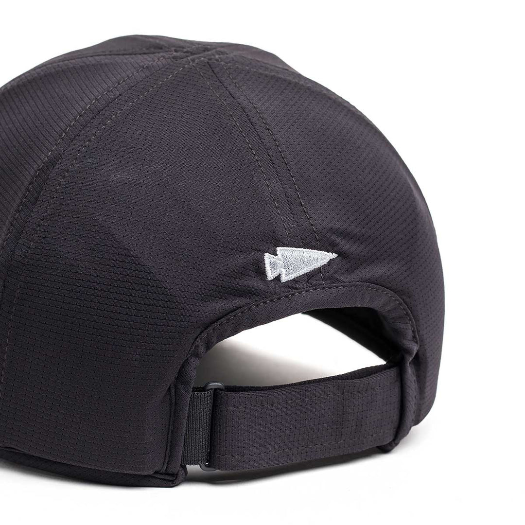 Back view of the GORUCK Performance Running Hat - ToughMesh in black, featuring an adjustable strap and a small white arrow logo, crafted from premium fabric for comfort.