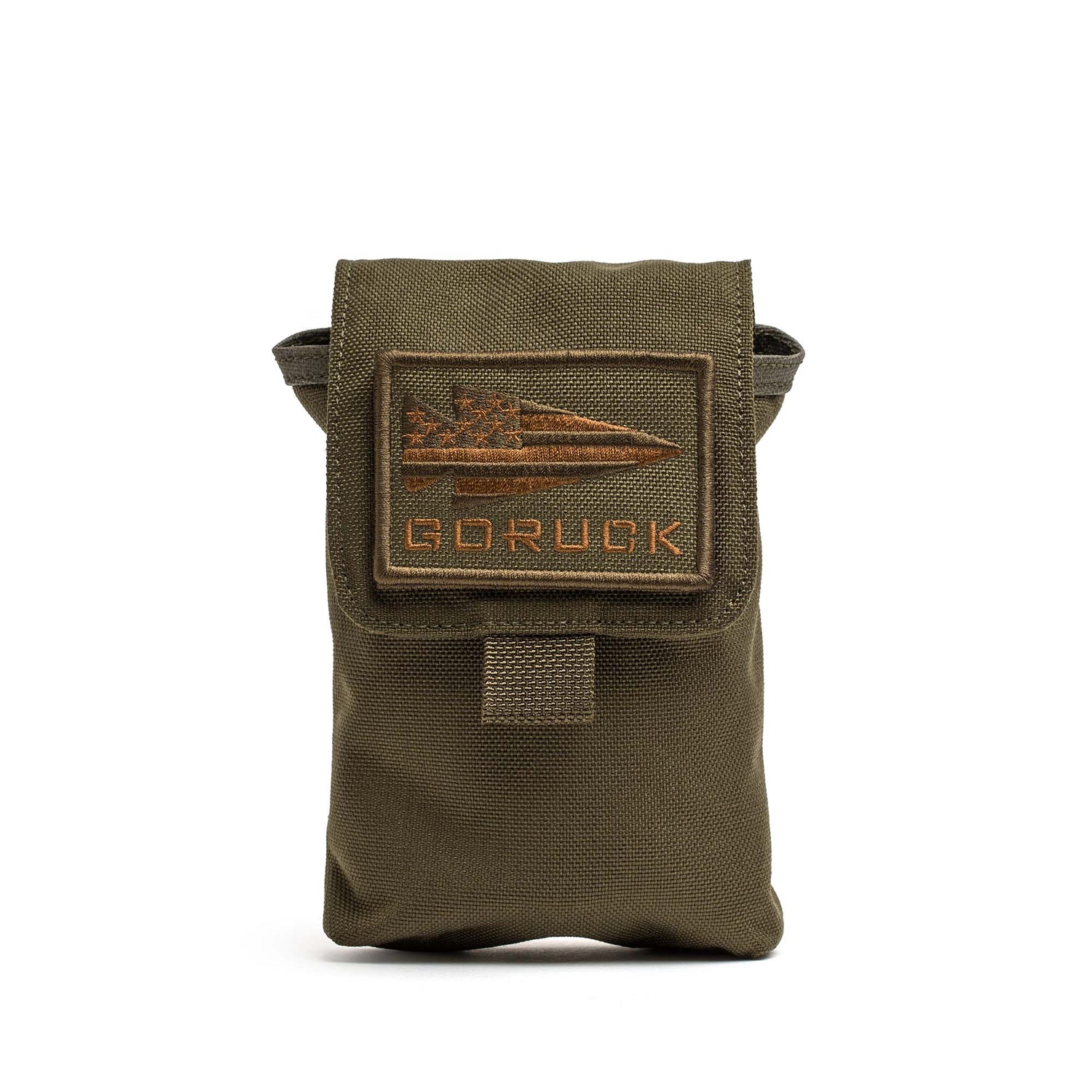 Olive green GORUCK Simple Side Pocket made from rugged 1000D Cordura, featuring a patch with a spearhead and text, photographed against a white background. Ideal for ruck organization and compatible with MOLLE webbing systems.