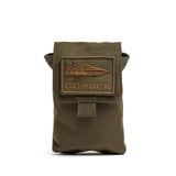 Olive green GORUCK Simple Side Pocket made from rugged 1000D Cordura, featuring a patch with a spearhead and text, photographed against a white background. Ideal for ruck organization and compatible with MOLLE webbing systems.