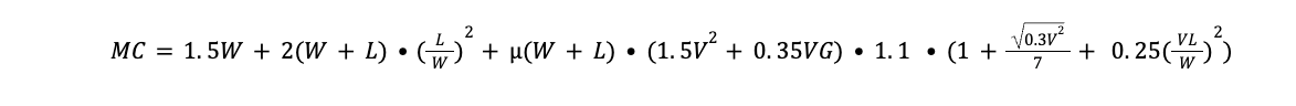Mathematical equation for MC involving W, L, Wₚ, σ, and several constants and operations.