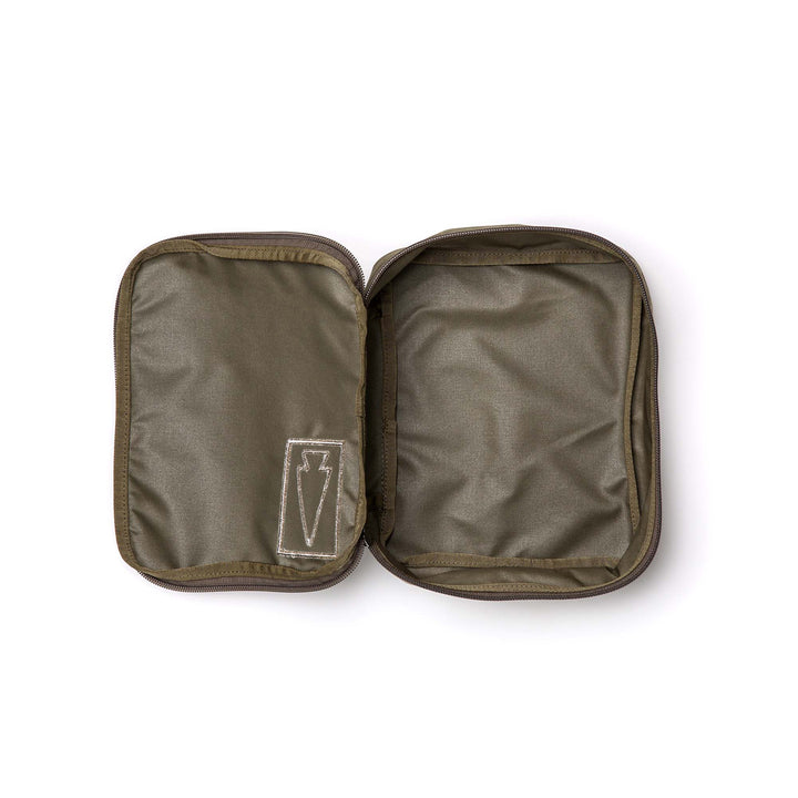 The GORUCK Shadow Pockets, an empty olive green zippered pouch for gear or rucksack organization, lies open on a white background.