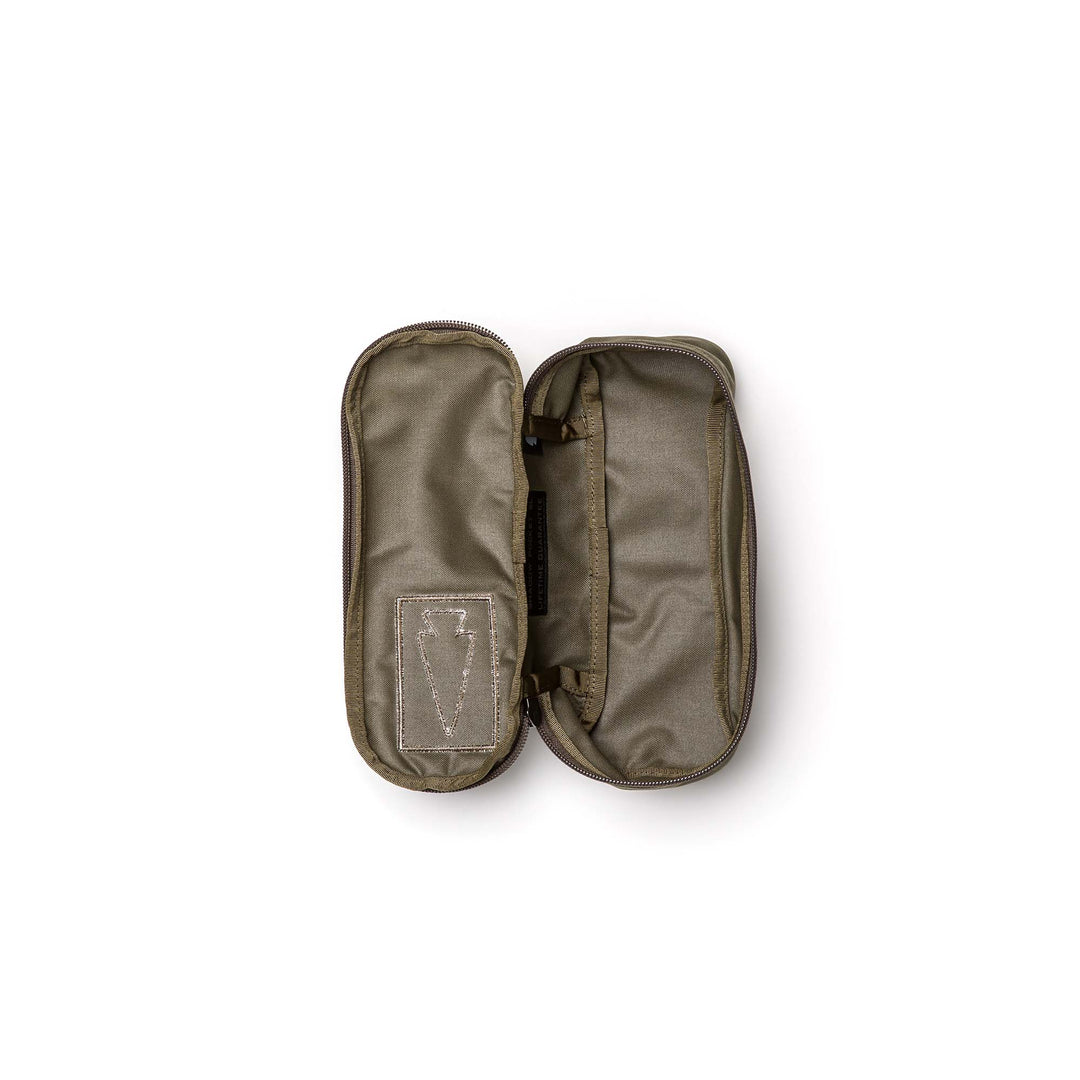 The GORUCK Shadow Pockets, shown unzipped and empty in olive green on a white background, are durable Cordura organizers designed to keep your rucksack neatly arranged.
