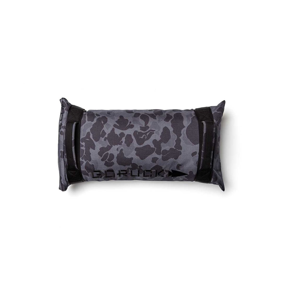 The GORUCK Simple Training Sandbags, shown in rectangular gray camouflage with black straps and "GORUCK" on the front, are versatile sandbags ideal for workouts or as durable home gym equipment. Displayed against a white background.