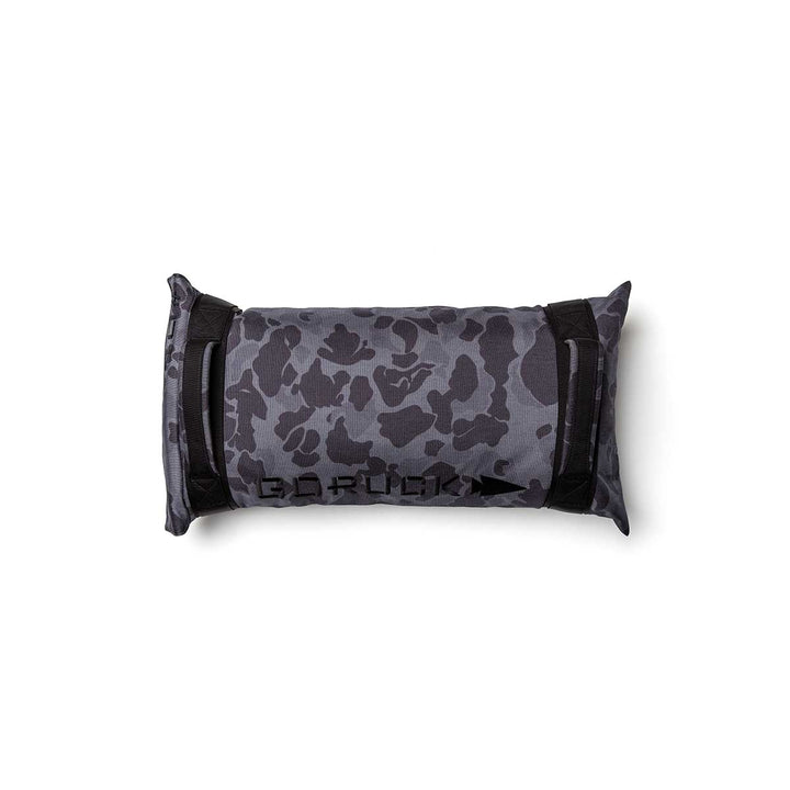 The GORUCK Simple Training Sandbags, shown in rectangular gray camouflage with black straps and "GORUCK" on the front, are versatile sandbags ideal for workouts or as durable home gym equipment. Displayed against a white background.