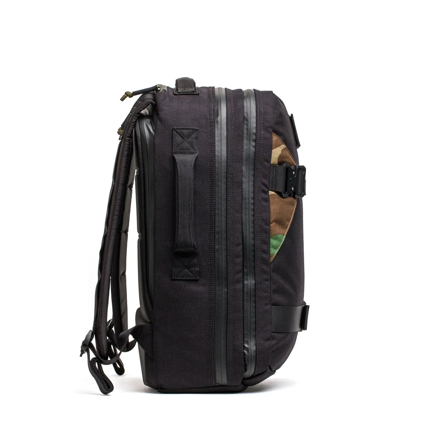 GORUCK Skate Ruck backpack in black with woodland camo panel, side view