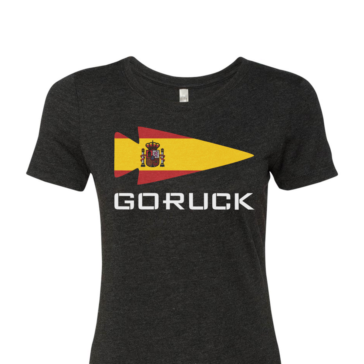 The Women's T-shirt - Rep Your Country, from GORUCK EU, is a premium tri-blend gray garment featuring a striking Spanish flag design next to the word 